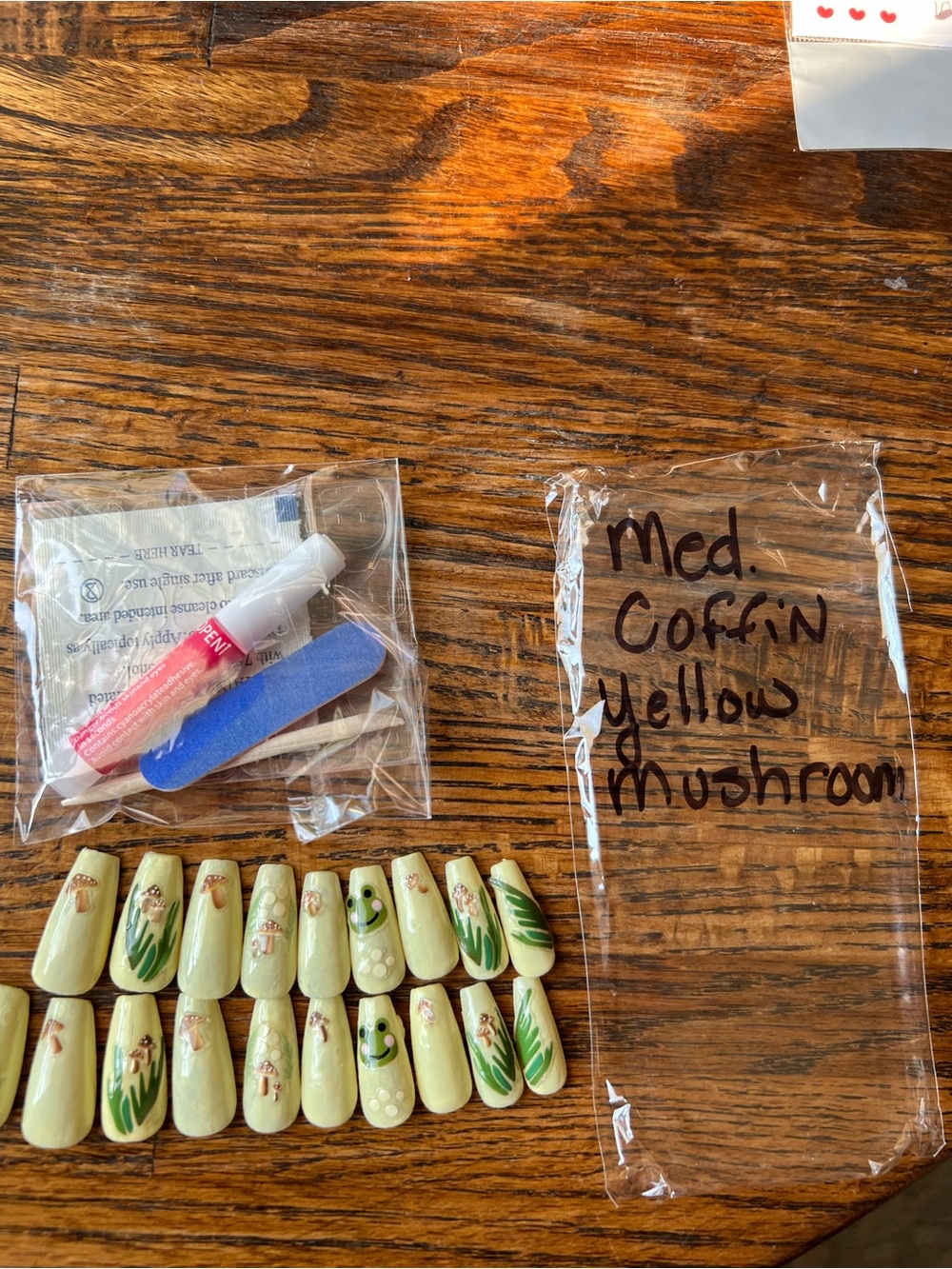 Yellow Mushroom Coffin Press-On Nails – Floral & Leaf Accent Set